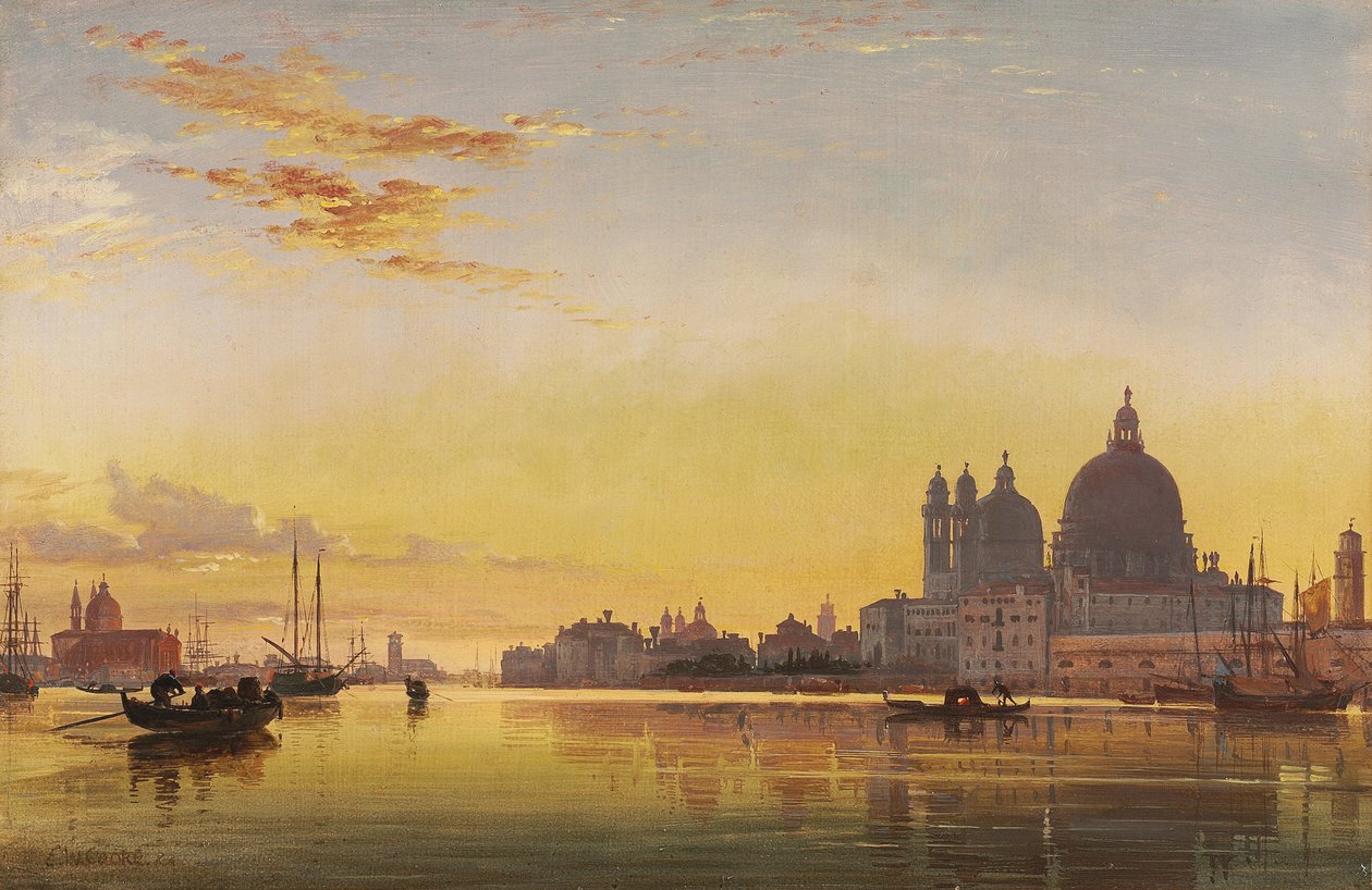 Západ slunce na Benátské laguně, kostel Isola di San Giorgio v Alze v dálce, od Edward William Cooke