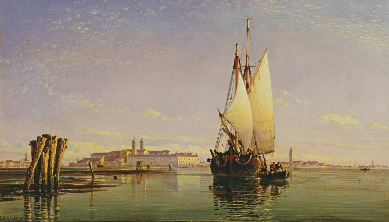 Euganean Hills a Benátská laguna - Trabaccola čekání na příliv, západ slunce, 1853 od Edward William Cooke