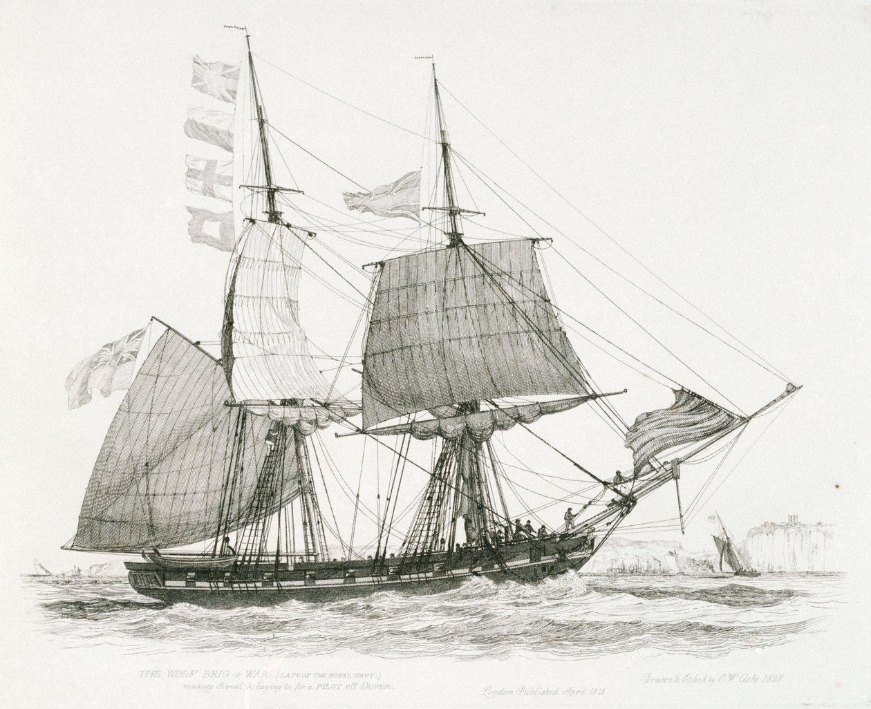 Vlk (1826) nebo (1814), válečná briga královského námořnictva, která dává znamení a pokládá lodivoda u Doveru. od Edward William Cooke