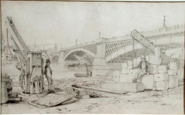 Pohled na most Southwark a řeku Temži z Bankside, se dvěma jeřáby v popředí od Edward William Cooke