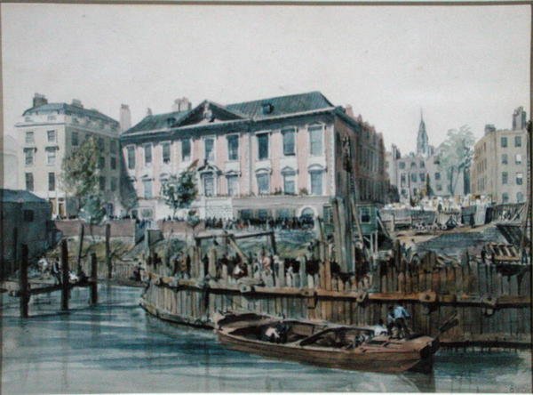 Pohled na dřevěný cofferdam uzavírající beranidla a kladkostroje pro London Bridge od Edward William Cooke