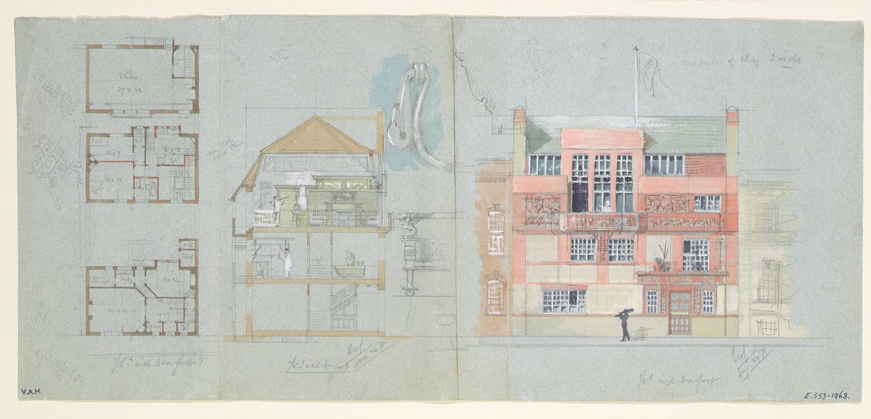 Front Elevation and Section for House and Studio for Frank Miles (1852-91), Tite Street, Chelsea, 1878-79 (wc and tužka na papíře) (viz také 176481-482, 176484-485) od Edward William Godwin