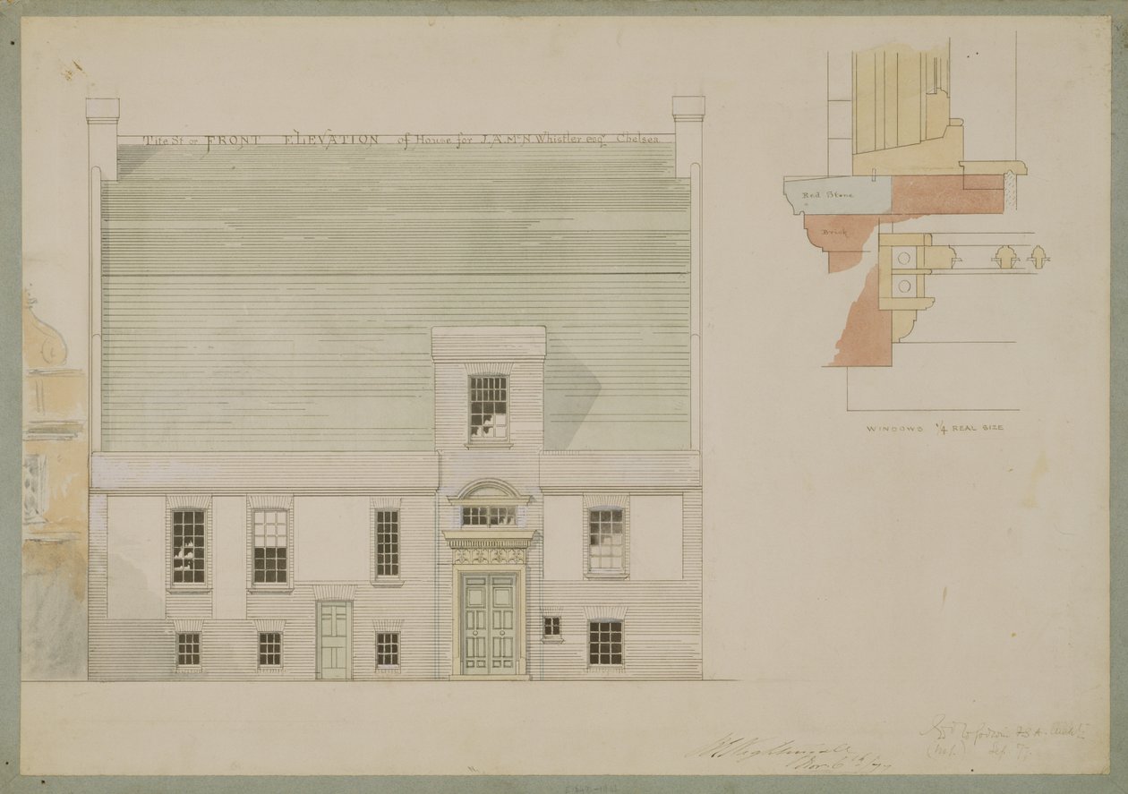Front Elevace of House for J.A.M. Whistler Esq, Tite Street, Chelsea, 1877 (pero a inkoust a wc na papíře) (viz také 176476) od Edward William Godwin