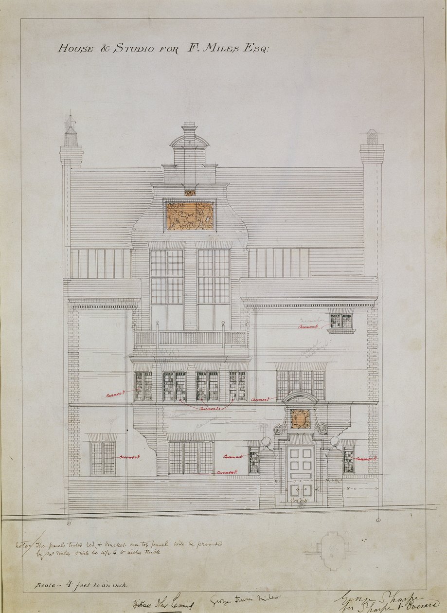 Pracovní kresba pro House and Studio for F. Miles Esq, Tite Street, Chelsea, 1878-79 (wc a tužka na papíře) (viz také 176481, 176483-485) od Edward William Godwin