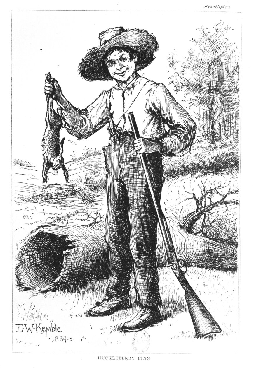 Frontispis knihy "Dobrodružství Huckleberryho Finna", Mark Twain (1835-1910) 1884 od Edward Windsor Kemble