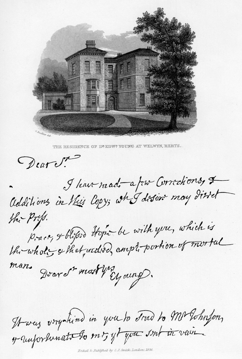 Dopis od Edwarda Younga a pohled na jeho rezidenci ve Welwynu, Hertfordshire, 40. léta 18. století, 1840 od Edward Young