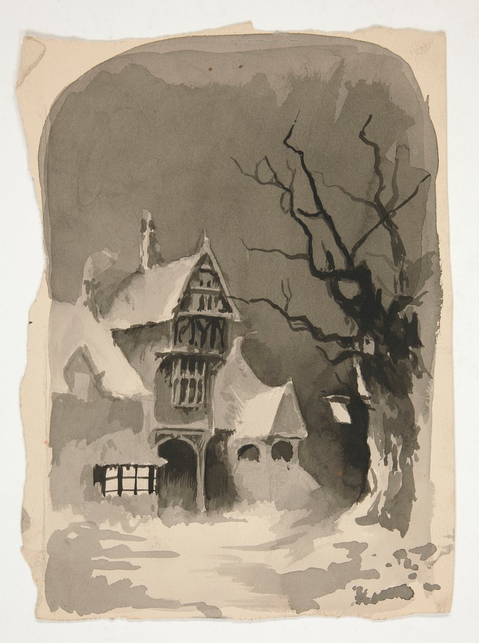 Zimní scéna: Dům ve sněhu (recto); Studie různých postav (verze) od Edwin Austin Abbey