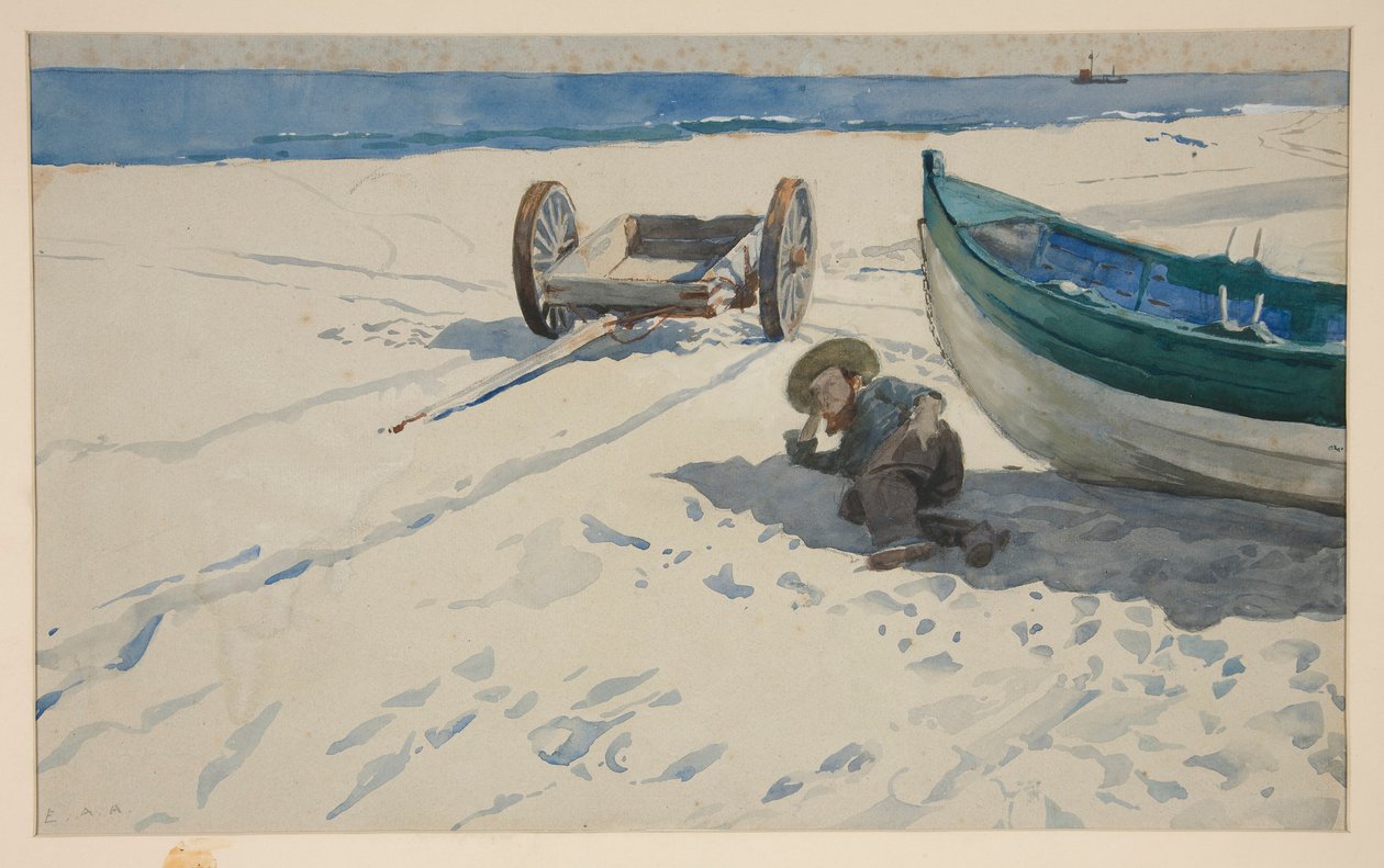 Plážová scéna s mužem odpočívajícím ve stínu lodi od Edwin Austin Abbey