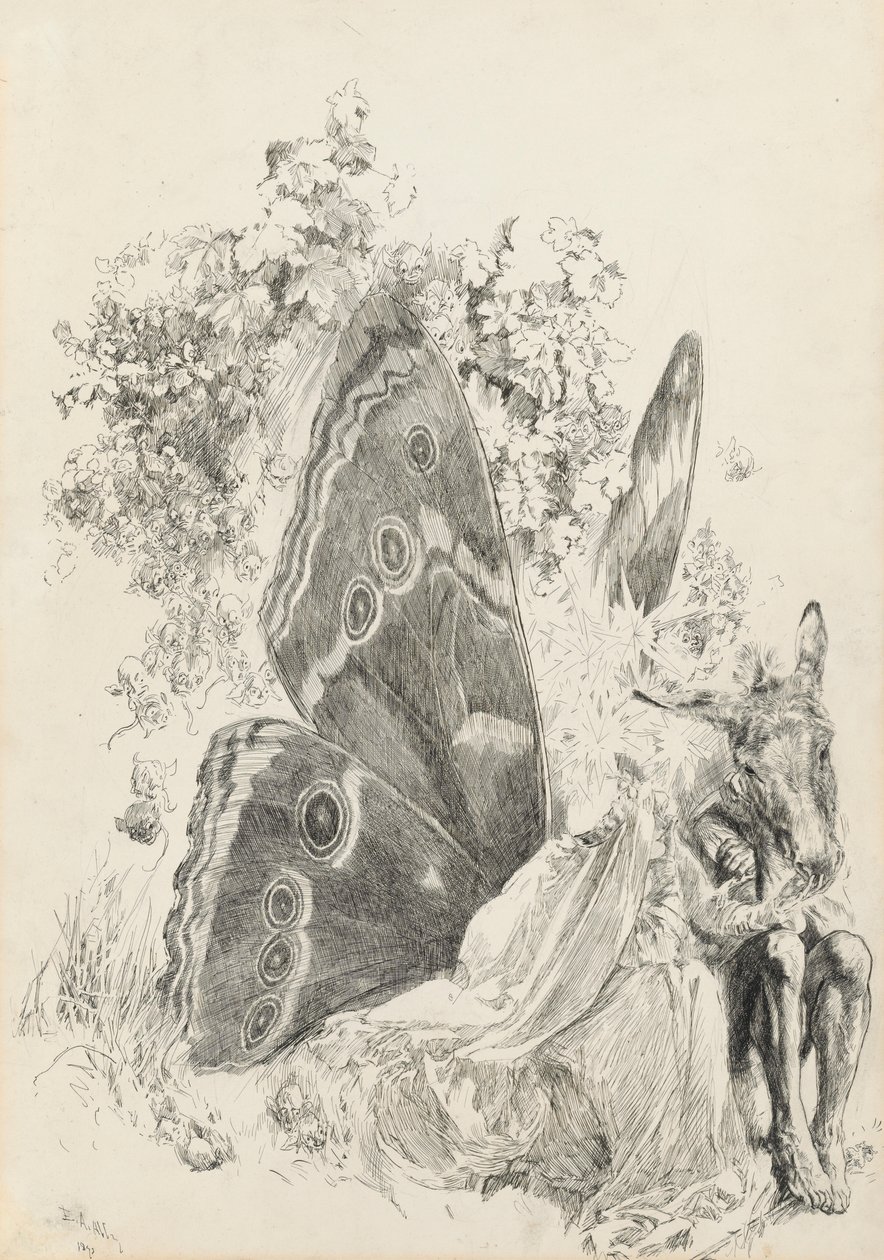 Spodní část a Titania, ilustrace pro A Midsummer Night od Edwin Austin Abbey