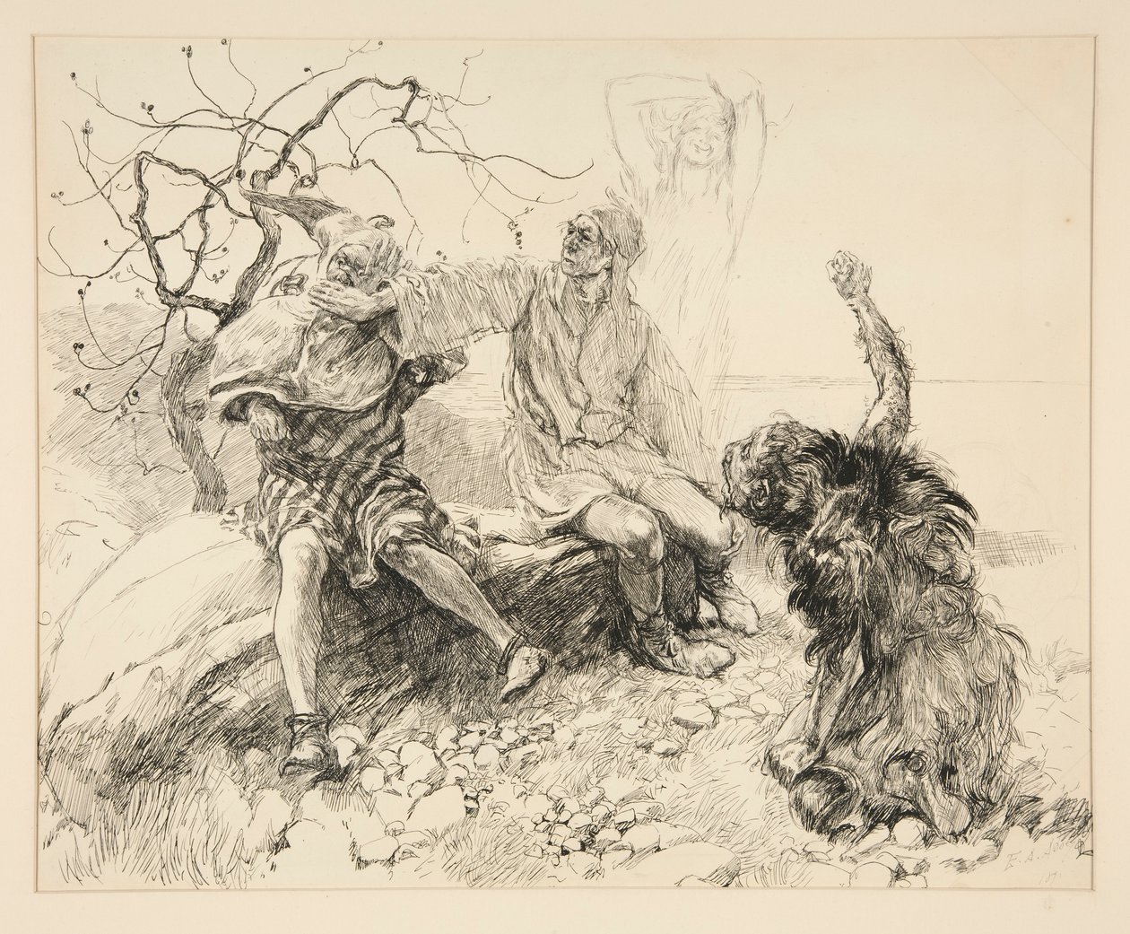 Caliban, Stephano a Trinculo (Ariel invisible), ilustrace pro dějství II, scéna ii, Bouře od Edwin Austin Abbey