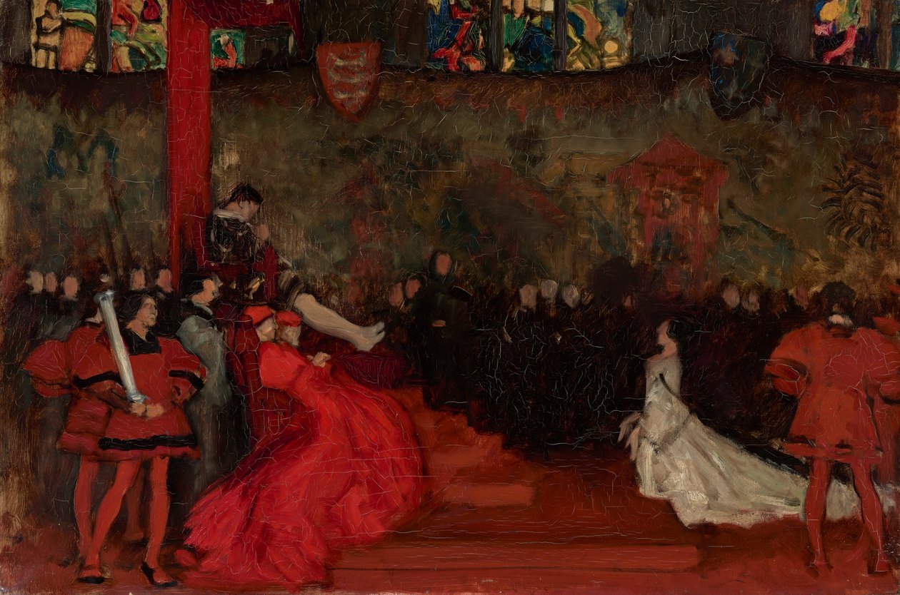 Kompoziční studie, pro Proces s královnou Katharine, Jindřich VIII., dějství II, scéna IV od Edwin Austin Abbey