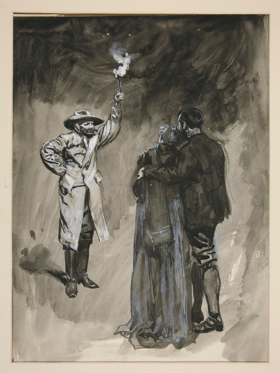 Pár konfrontován na ulici mužem, který držel pochodeň - neidentifikovaný obrázek od Edwin Austin Abbey