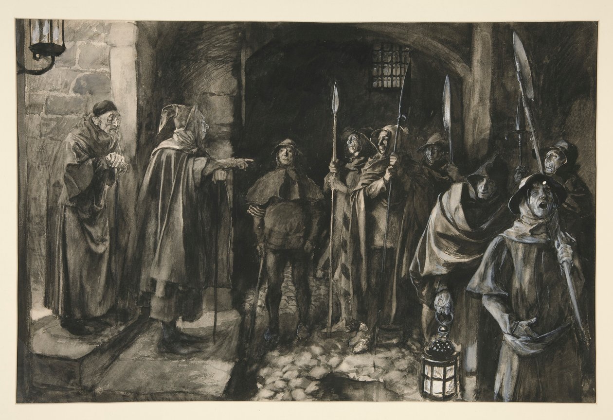 Dogberry a jeho kumpáni s hodinkami - dějství III, scéna III, Mnoho povyku pro nic od Edwin Austin Abbey