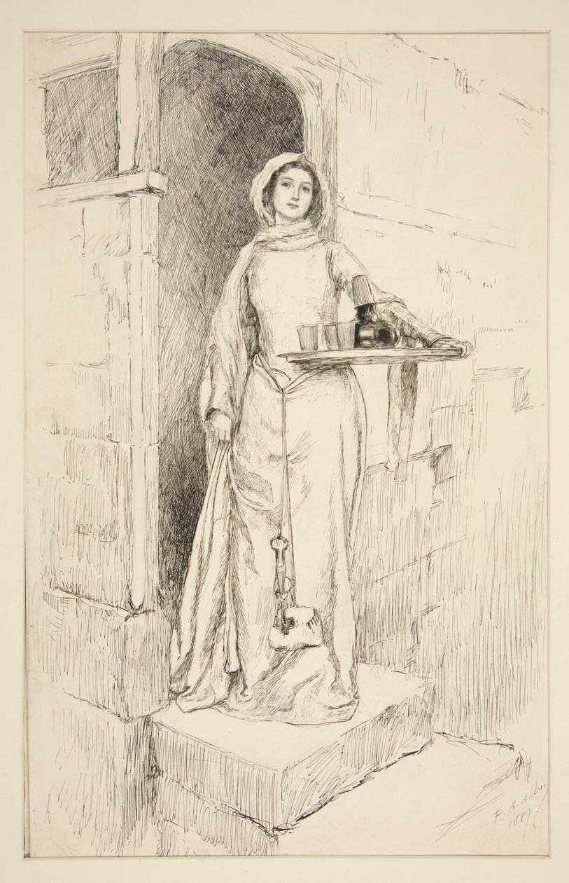 Vstupte Mistress Anne Page s vínem - dějství I, scéna I, Veselé paničky z Windsoru od Edwin Austin Abbey