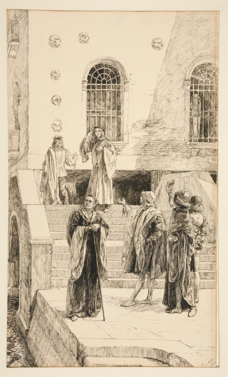 Exuent Salarino a Salanio, z dějství I, Scéna i, Kupec benátský od Edwin Austin Abbey
