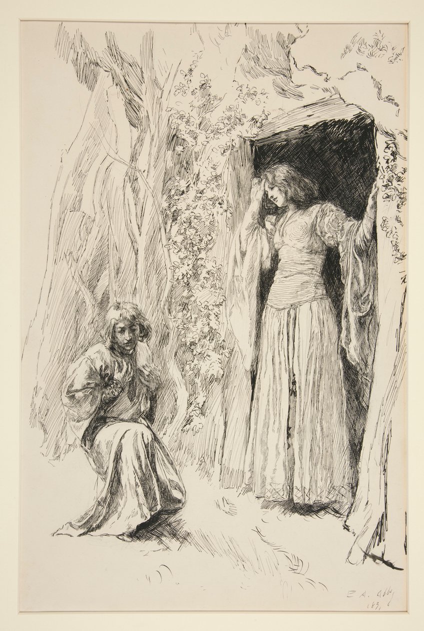 Ferdinand Meets Miranda, ilustrace k dějství III, Scéna i, Bouře od Edwin Austin Abbey