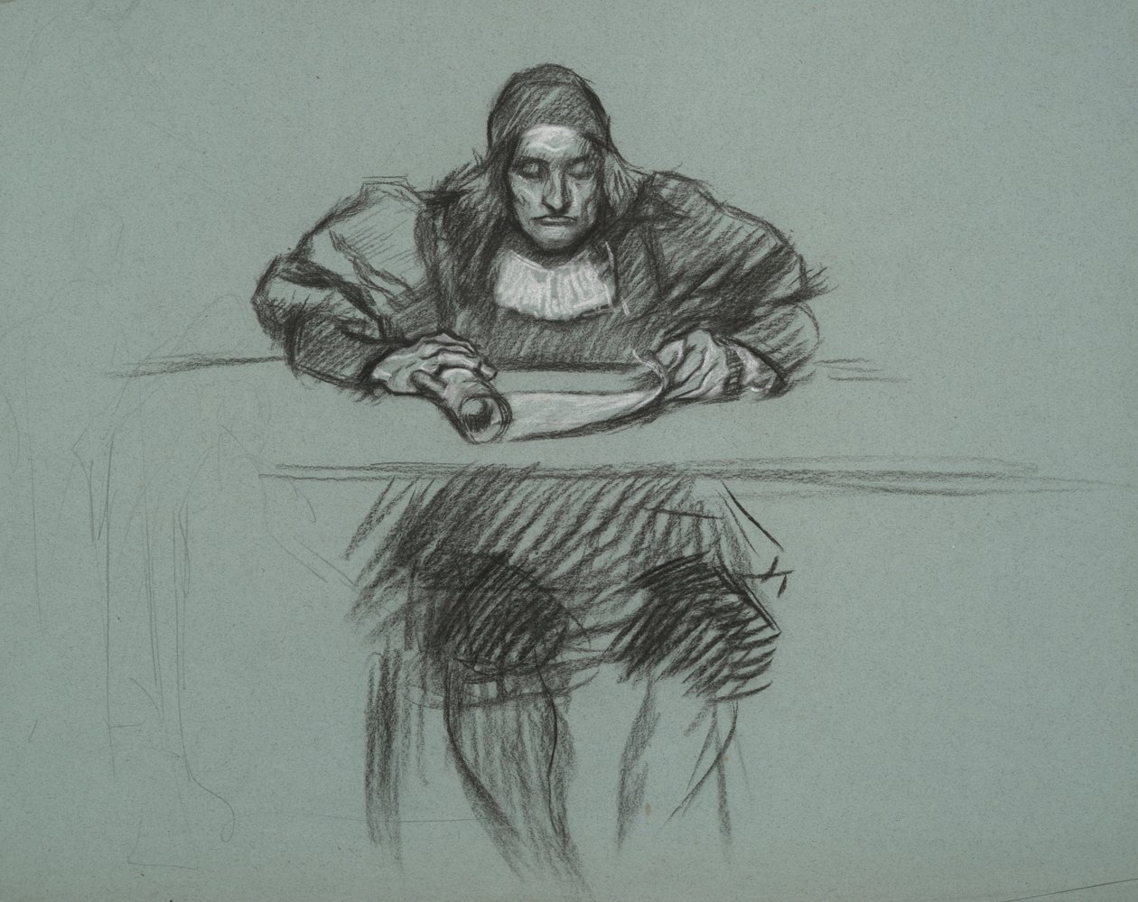 Figura pro proces s královnou Katherine. úředník u stolu od Edwin Austin Abbey