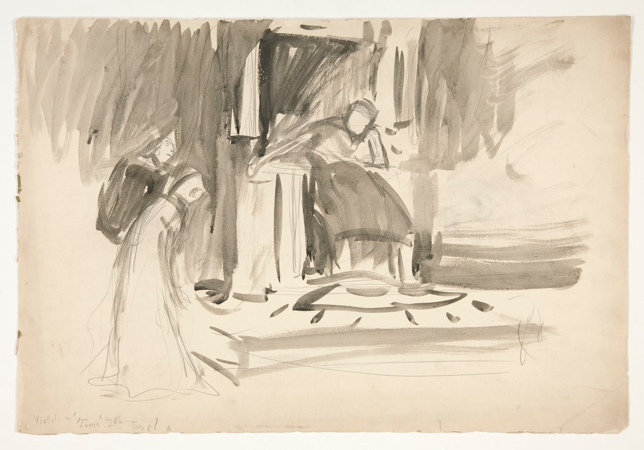 Postava na trůnu, po stranách dvě postavy, skica pro neidentifikovanou Shakespearovu hru od Edwin Austin Abbey