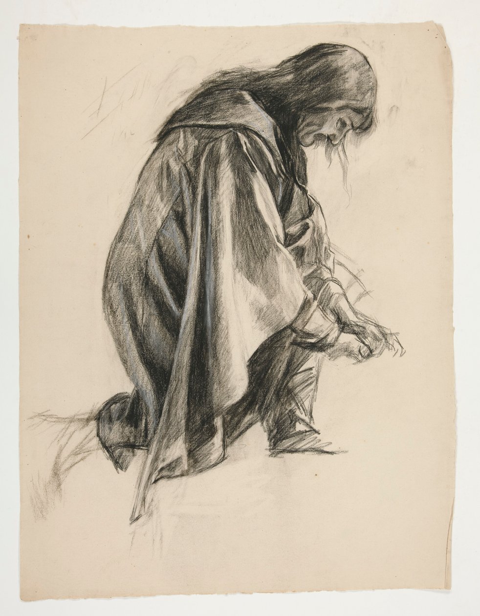 Figurální studie pro sira Lancelota a sira Borse vybavujícího Galahada jeho ostruhami (?), z The Quest of the Holy Grail (druhý ze série patnácti obrazů pro Boston Public Library, dokončený v roce 1901) od Edwin Austin Abbey
