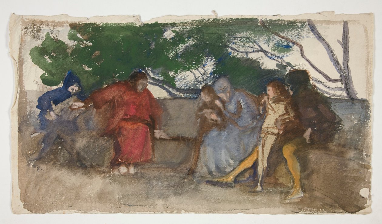 Postavy sedící na venkovní lavičce od Edwin Austin Abbey