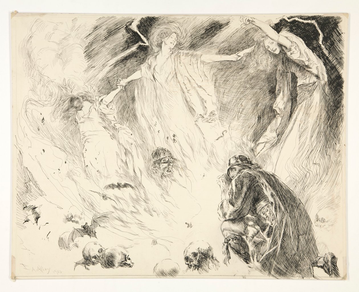 První zjevení: Macbeth! Macbeth! Macbeth! pozor Macduff., dějství IV, scéna 1, Macbeth od Edwin Austin Abbey