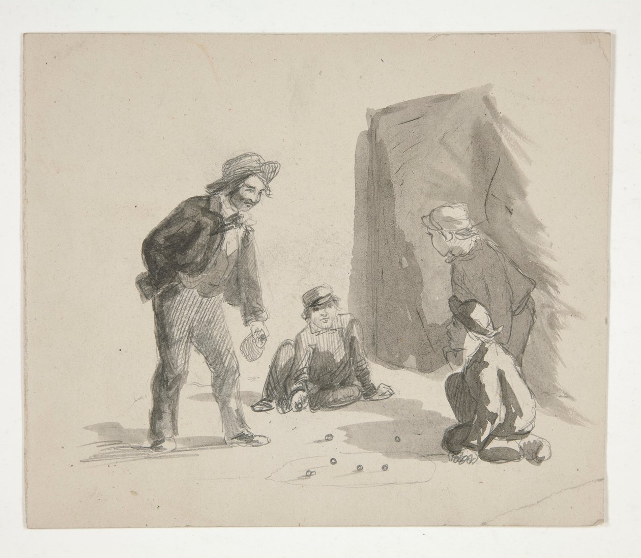 Čtyři chlapci hrající kuličky (recto); Neidentifikovaný obrázek chlapce u stojanu v interiéru (verze) od Edwin Austin Abbey