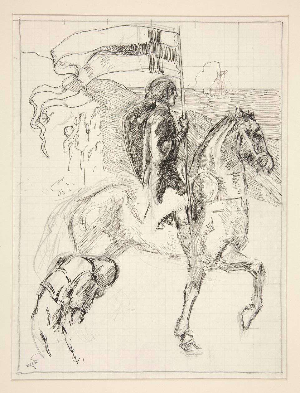 Galahad Departs, studie pro The Quest of the Holy Grail (série patnácti obrazů pro Boston Public Library, dokončena v roce 1901) od Edwin Austin Abbey