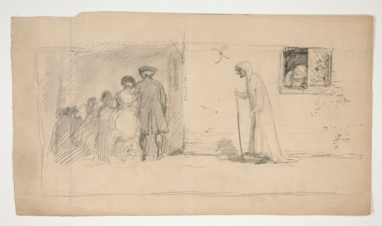 Skupina postav mimo kamenný dům - neidentifikovaný obrázek od Edwin Austin Abbey