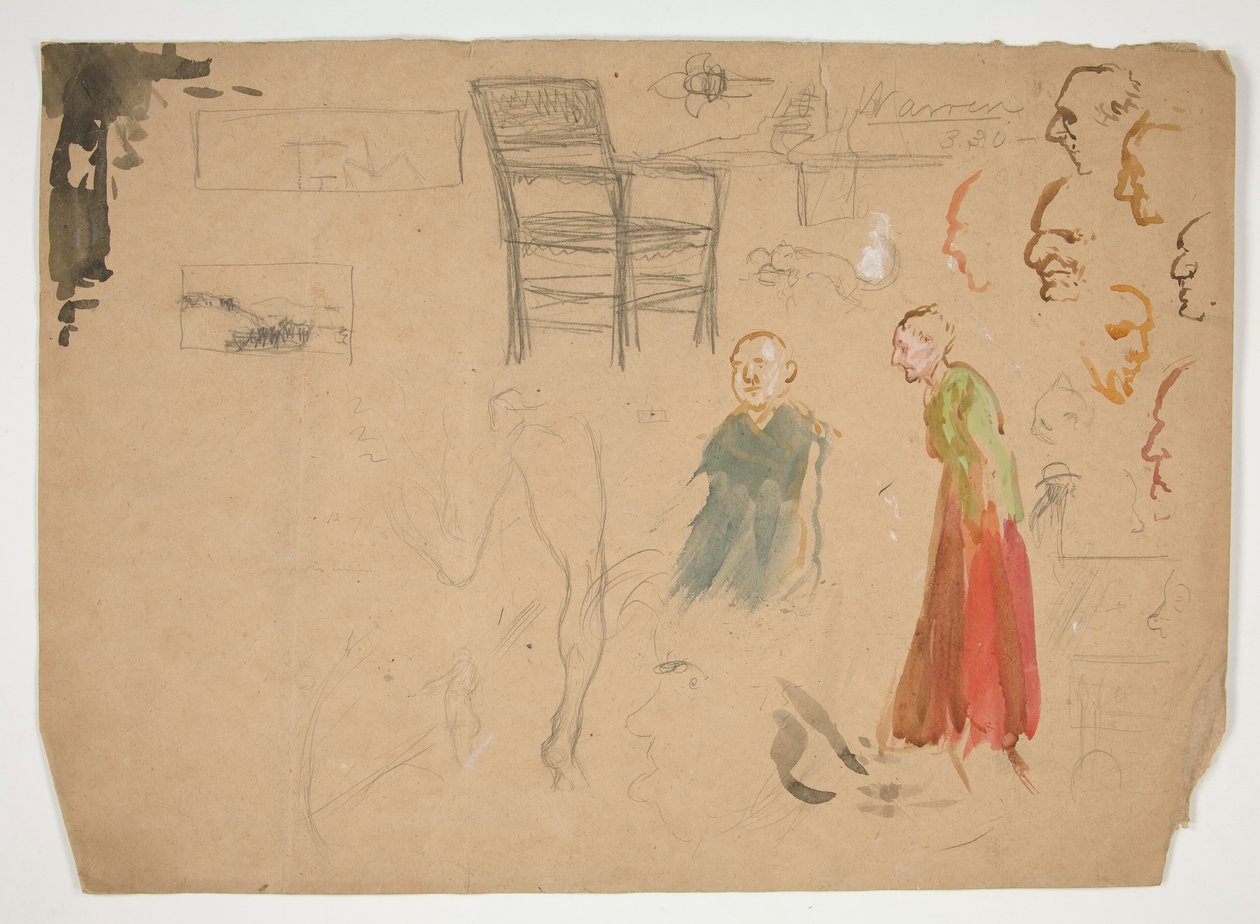 Studie hlavy a postavy a Studie židle (recto); Skici pro knižní ilustrace (verze) od Edwin Austin Abbey