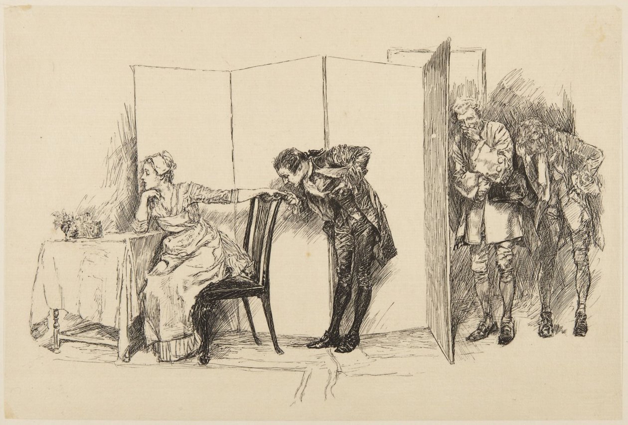 Ilustrace ke Goldsmithově hře She Stoops to Conquer: „Zde, za touto zástěnou“ od Edwin Austin Abbey