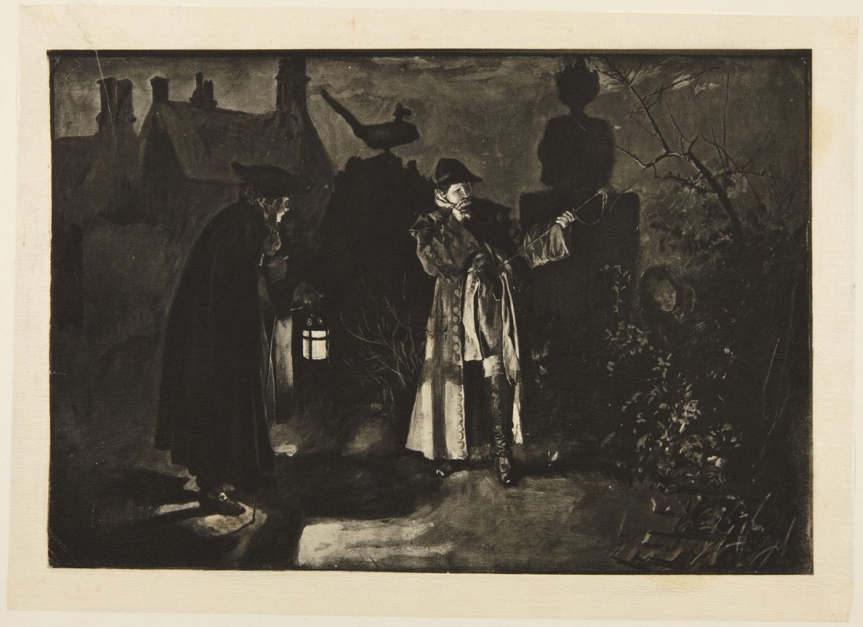 Ilustrace ke Goldsmithově „She Stoops to Conquer“: „Mýlím se, nebo jsem slyšel hlasy“ od Edwin Austin Abbey