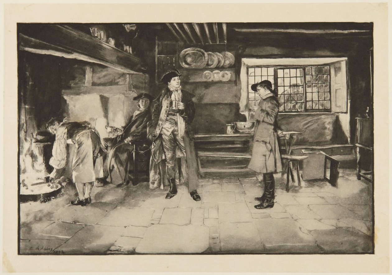 Ilustrace ke Goldsmithově hře She Stoops to Conquer: „Bez urážky, ale otázka za otázku je přece jen spravedlivá, víte“ od Edwin Austin Abbey