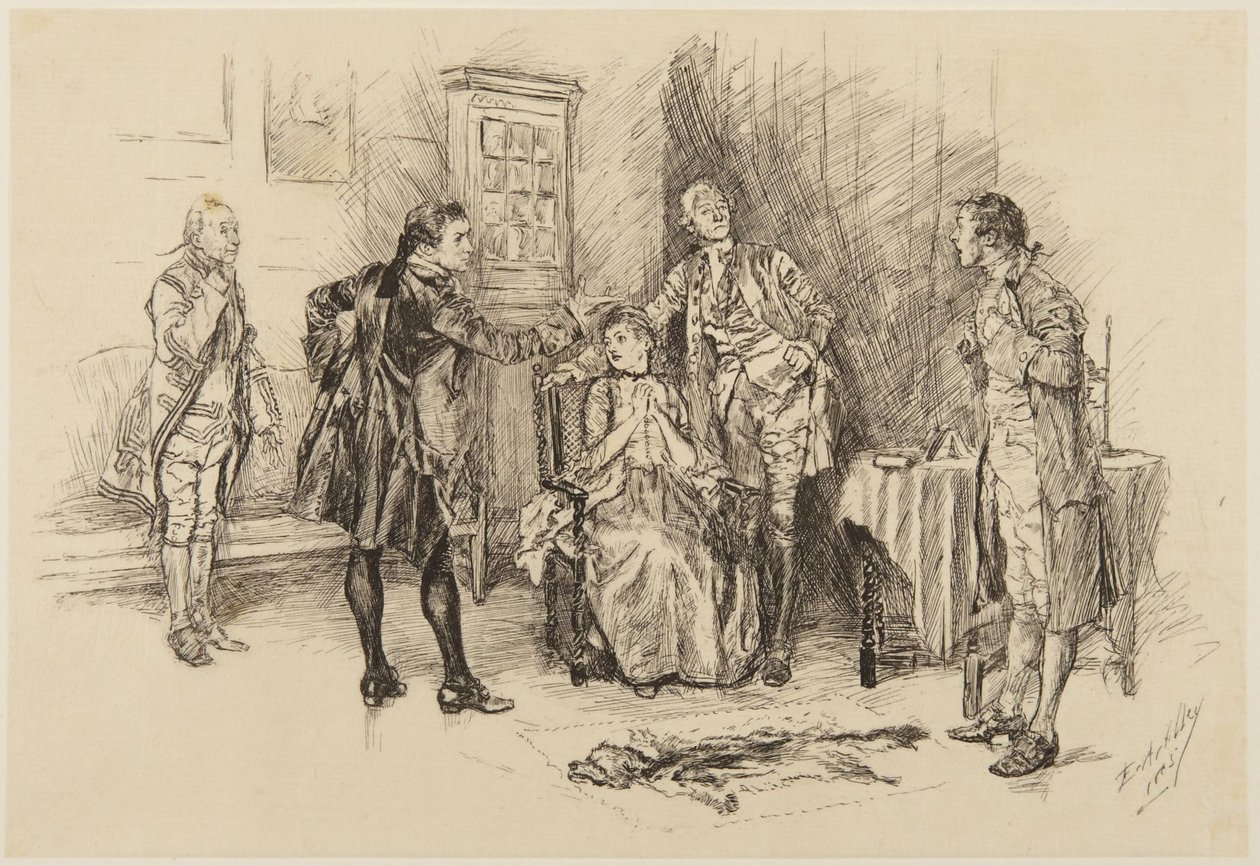 Ilustrace k Goldsmithově hře „She Stoops to Conquer“: „Bylo od vás správné, pane, přispět k tomu, abych se ztrapnila“ od Edwin Austin Abbey