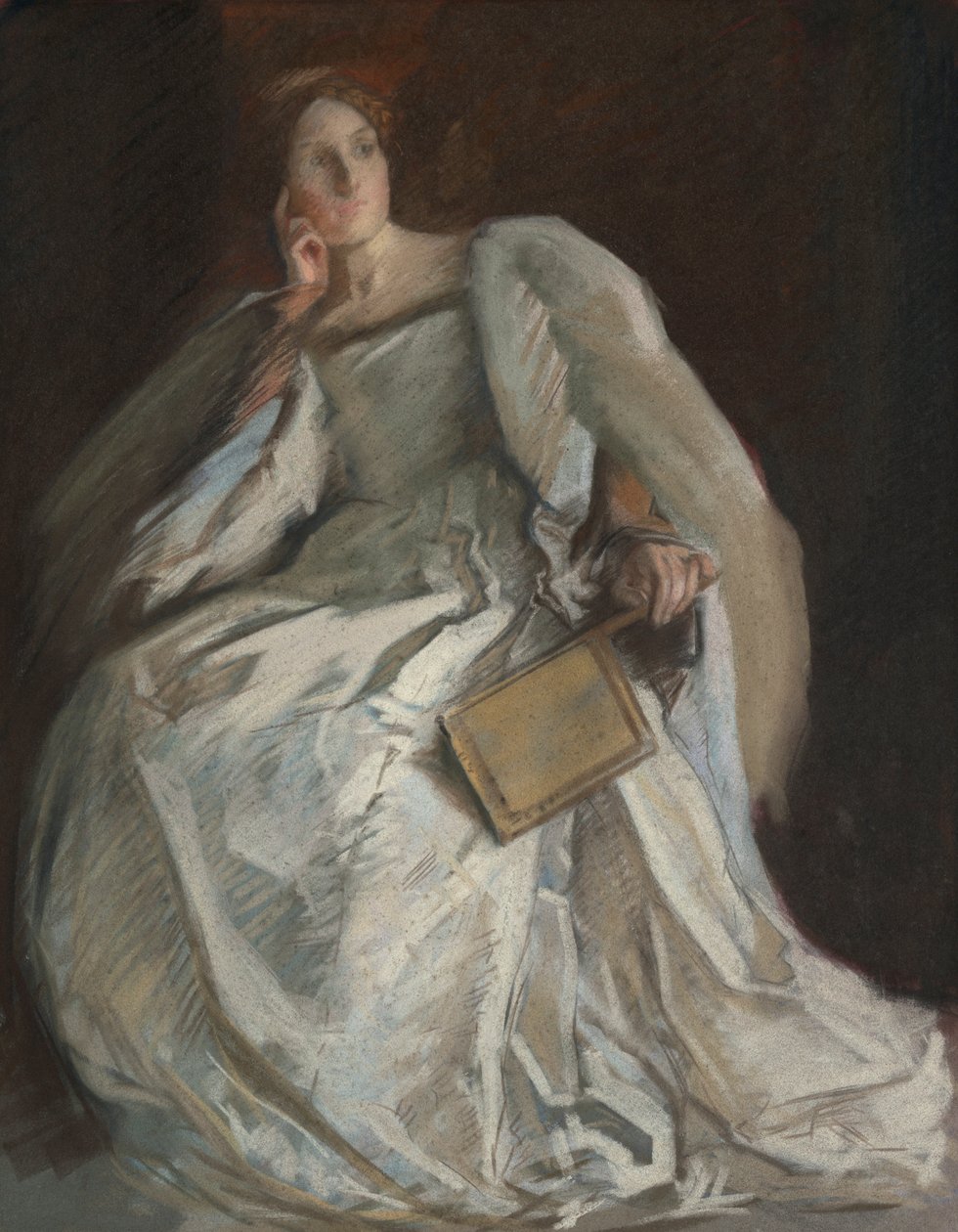 Sedící dáma v bílém. Pravá ruka k bradě. Držící ventilátor. od Edwin Austin Abbey
