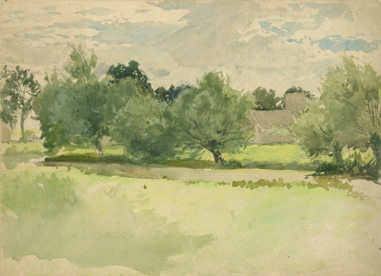 Krajina: Louka. Kostel v pozadí od Edwin Austin Abbey
