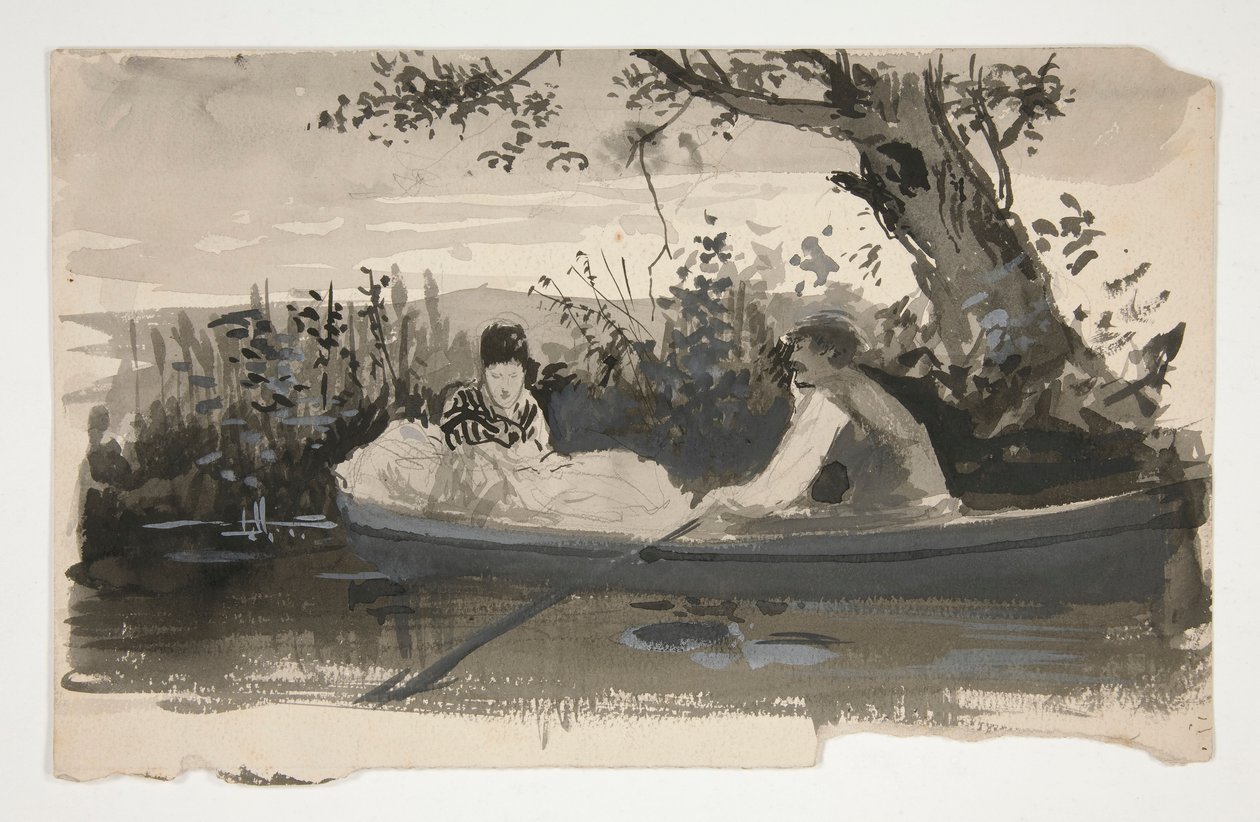 Muž a žena ve veslici, poblíž břehu řeky - neidentifikovaný obrázek od Edwin Austin Abbey