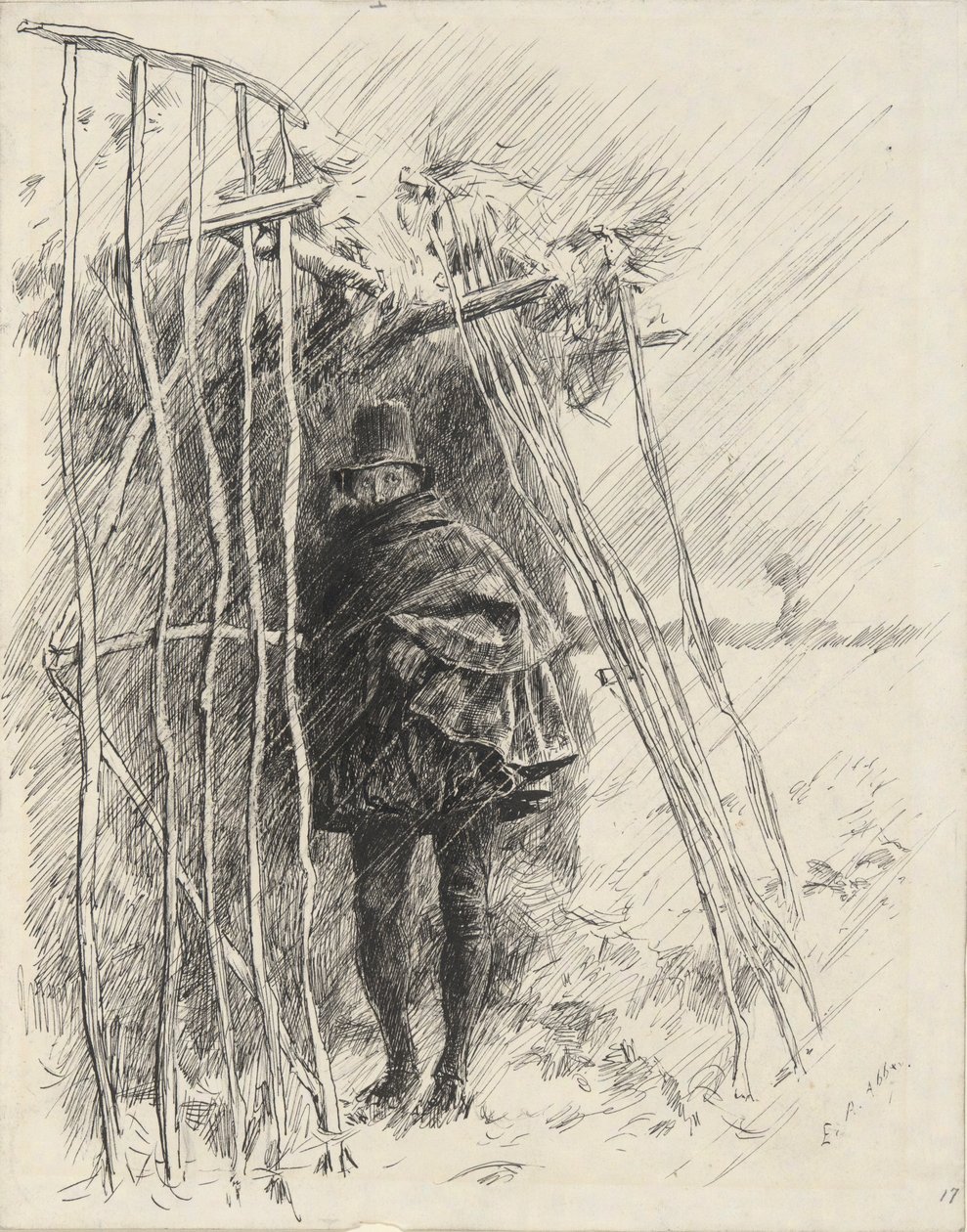 Muž v dešti, studie pro ilustraci od Edwin Austin Abbey