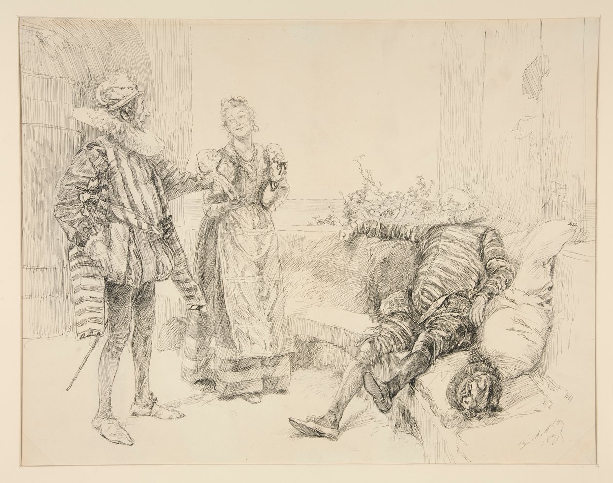 Maria, Sir Andrew a Toby, ilustrace k dějství I, scéna iii, Twelfth Night od Edwin Austin Abbey