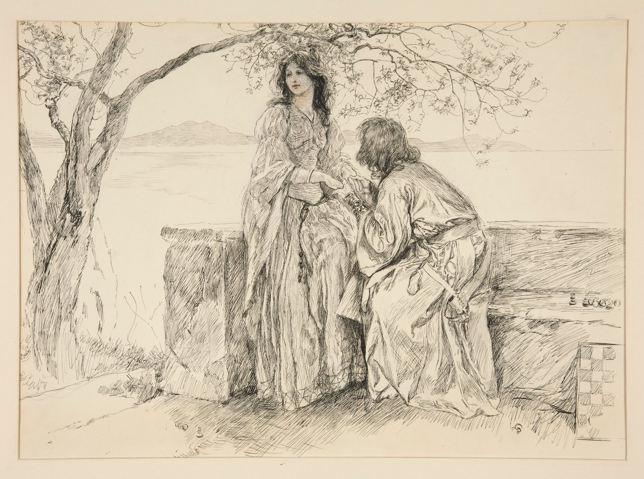 Miranda a Ferdinand, ilustrace k V. dějství, scéna i, Bouře od Edwin Austin Abbey