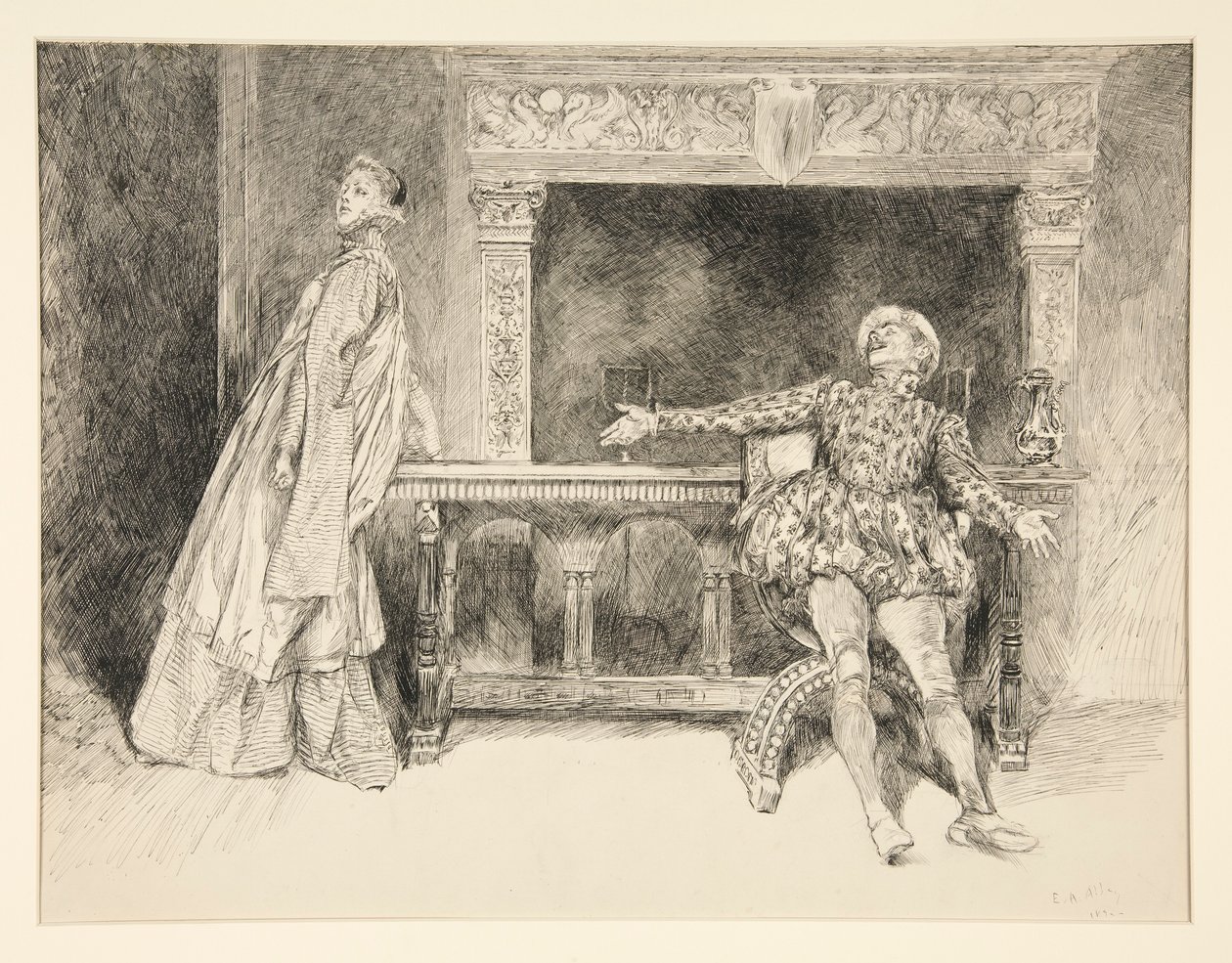 Petruchio Banters Katharina, z dějství II, scéna i, Zkrocení zlé ženy od Edwin Austin Abbey