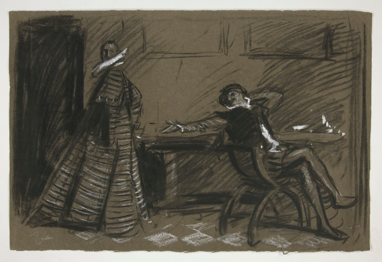 Petruchio žertuje Katharinu (studie pro .1058) – dějství II, scéna I, Zkrocení zlé ženy od Edwin Austin Abbey