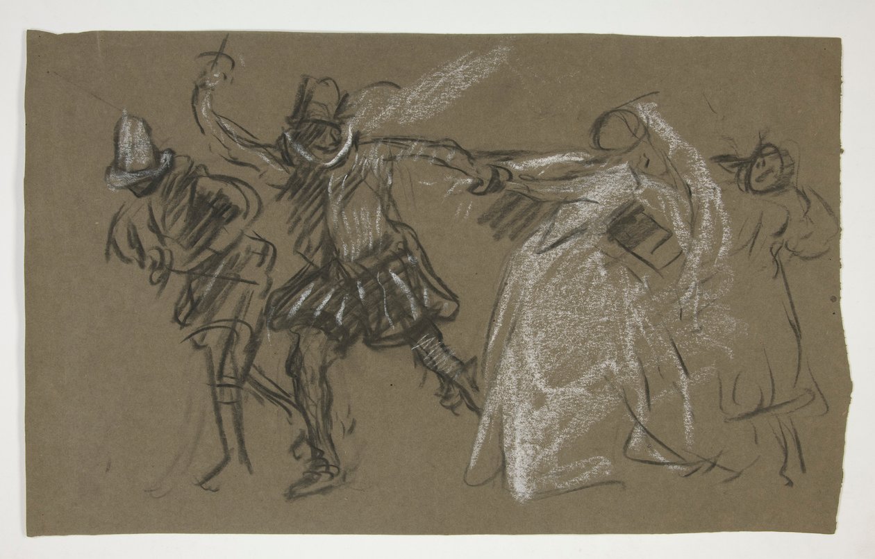 Petruchio táhnoucí Katharinu ze Zkrocení zlé ženy (recto); Náčrt sedící postavy (verze) od Edwin Austin Abbey