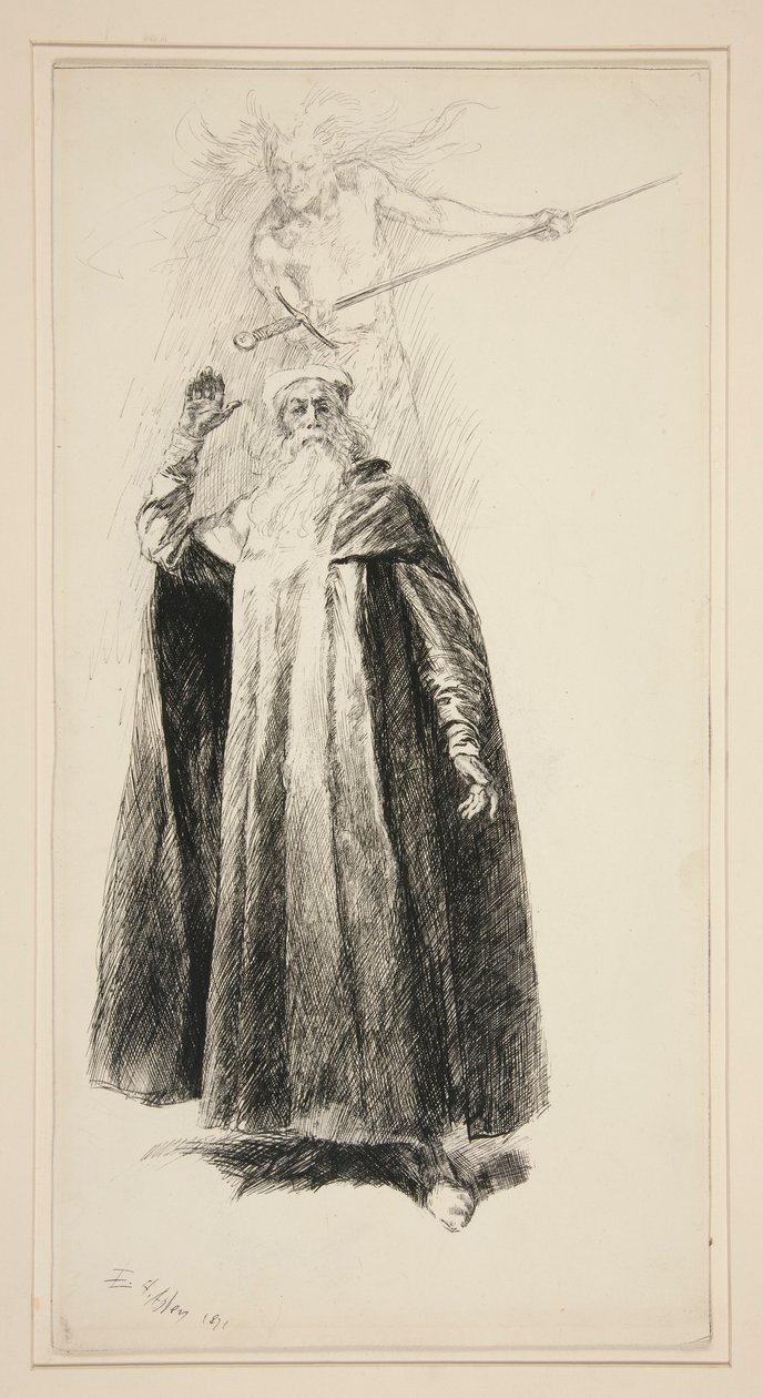 Prospero a Ariel, ilustrace pro Akt V, Scéna i, Bouře od Edwin Austin Abbey
