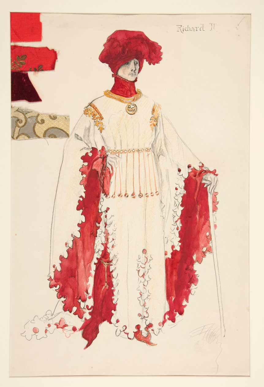Richard II (v červeném), skica kostýmu pro Henryho Irvinga od Edwin Austin Abbey