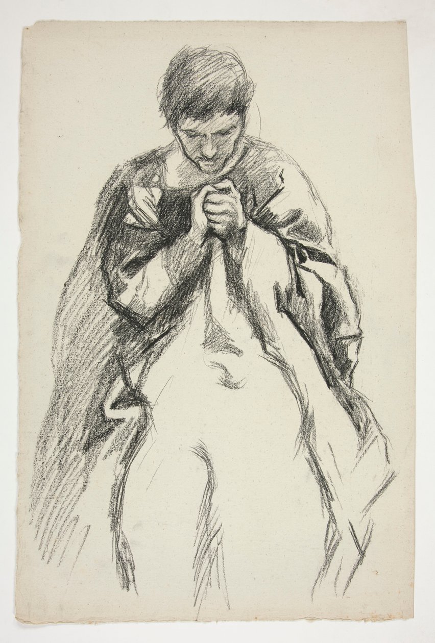 Postava v rouchu, modlí se: studie série nástěnných maleb The Quest of the Holy Grail v Boston Public Library od Edwin Austin Abbey