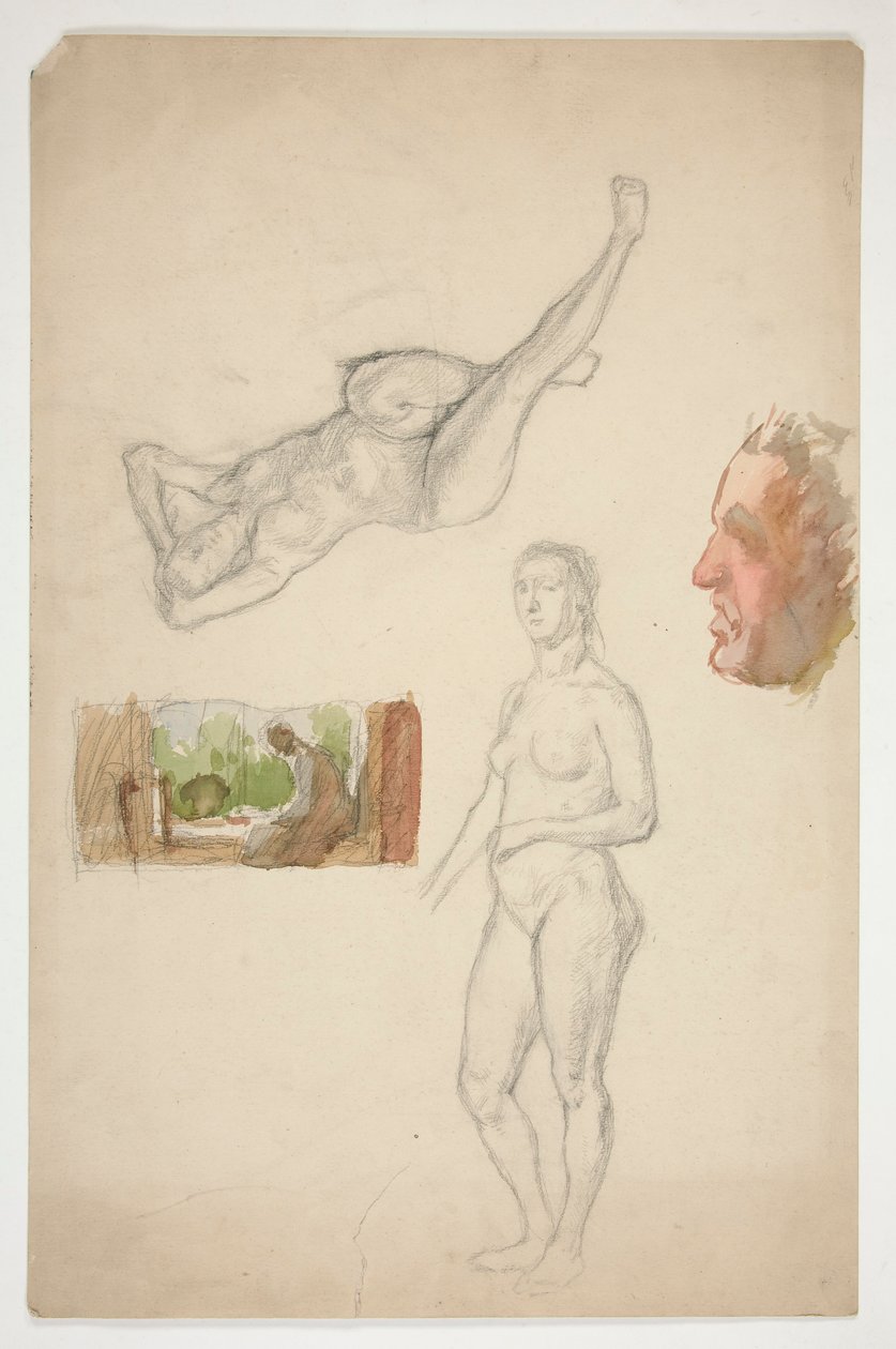 List skic: dvě nahé ženy, profil muže, postava sedící v interiéru od Edwin Austin Abbey