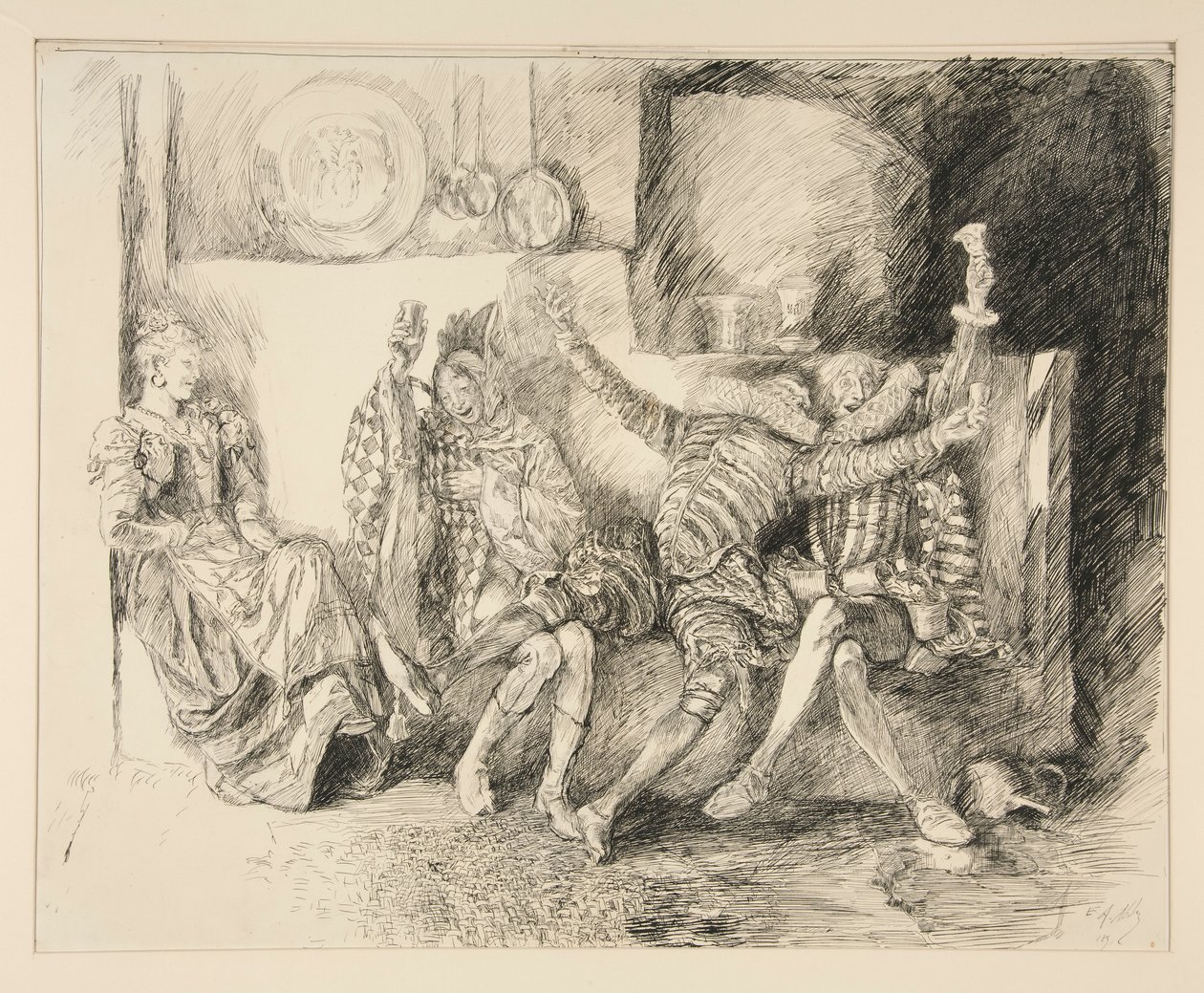 Sir Toby a jeho společníci, ilustrace k dějství II, scéna iii, Twelfth Night od Edwin Austin Abbey