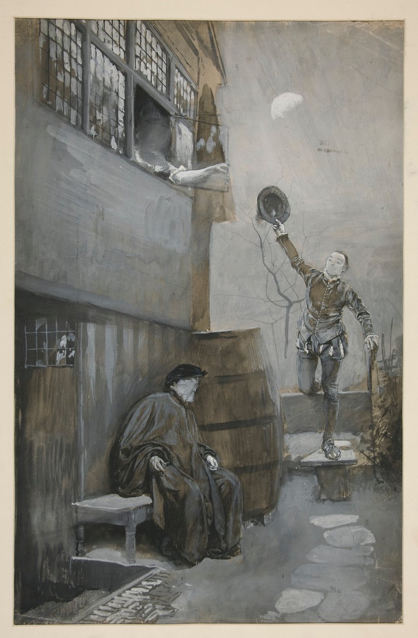 Sketch for Nighttime Rendezvous - 3 figurky: dva muži, jedna žena od Edwin Austin Abbey