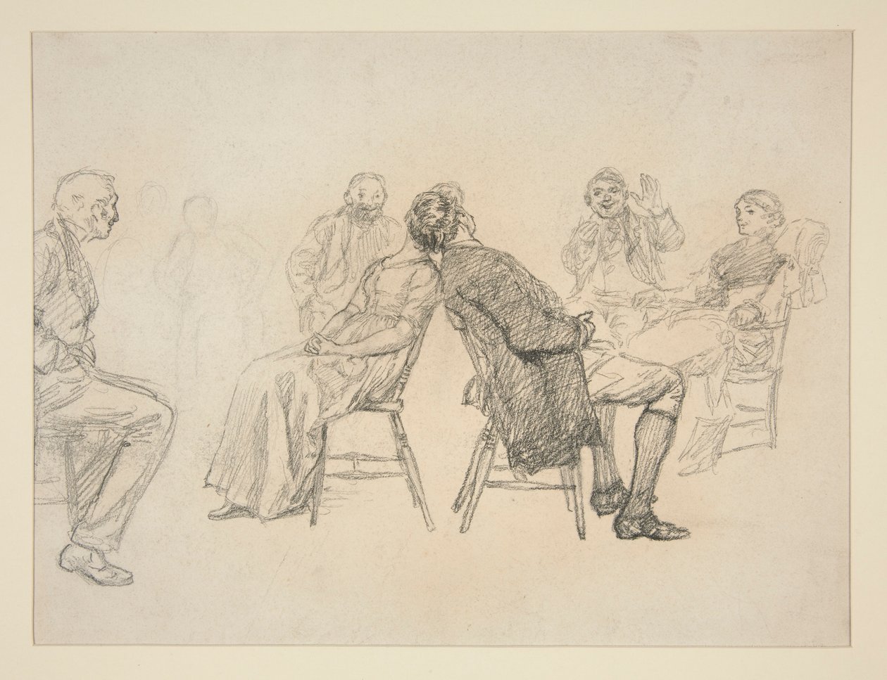 Náčrt páru hrajícího hru, obklopeného přihlížejícími, v interiéru (?) - neidentifikovaný obrázek od Edwin Austin Abbey