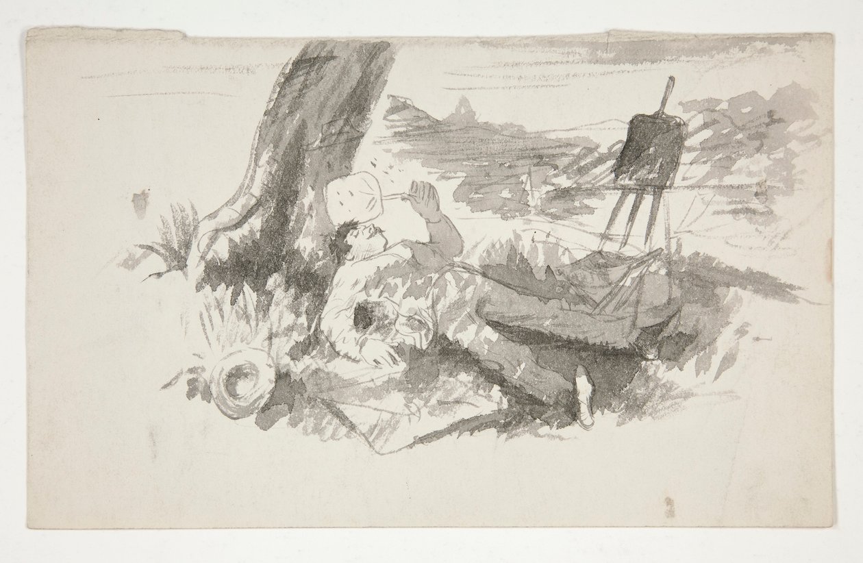 Náčrt plenérového malíře zdřímajícího pod stromem - neidentifikovaný obrázek od Edwin Austin Abbey